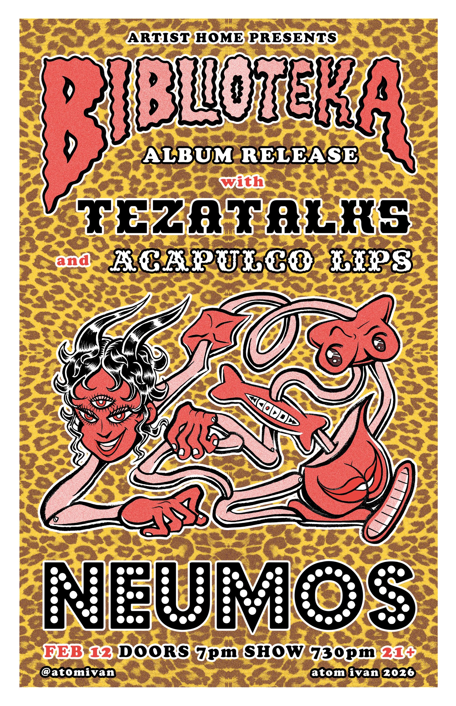 Biblioteka Neumos album release show poster, art by Atom Ivan